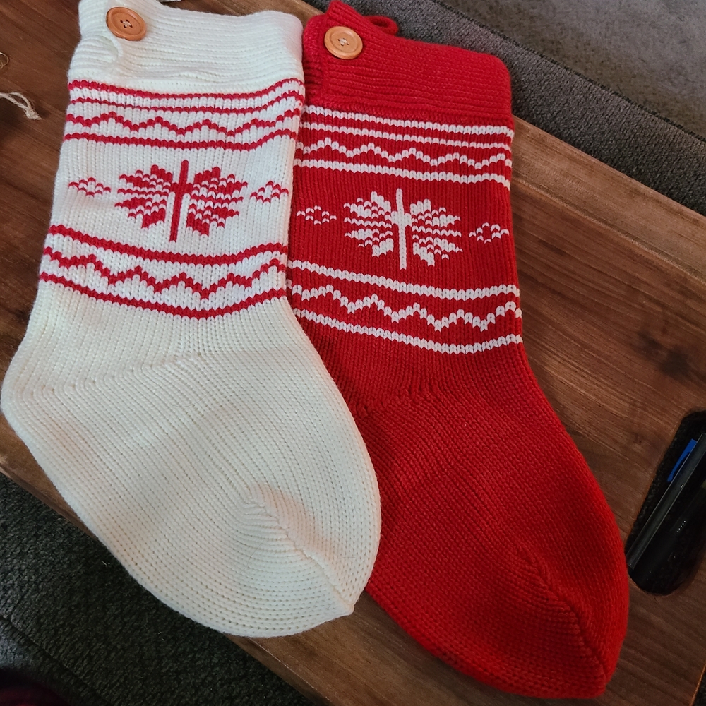 Christmas Stockings Knit Traditional Nordic Pattern Red And White Set Of Two NEW